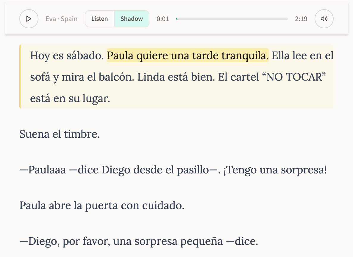 ReadingStride audio player with listen and shadow modes